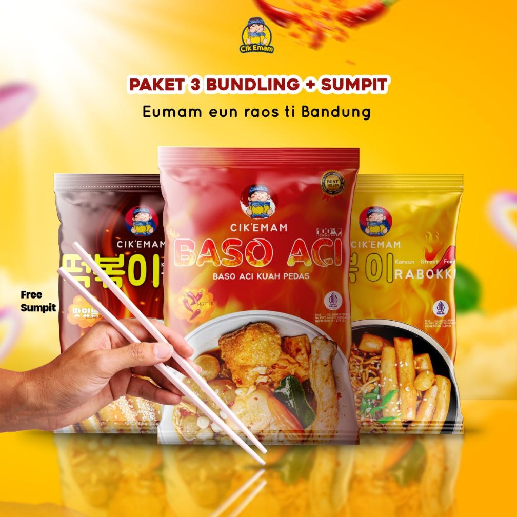 

CikEmam - Paket Bundling 3 + Sumpit - Rabokki Topokki Baso Aci Isi 3pcs - Ramen Tteokbokki Boci Pedas Gurih Sambal Gochujang - Korean Food Halal Cikemam
