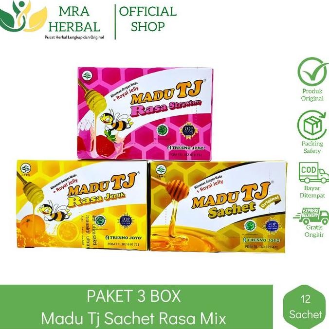 

BARU PAKET 3 MADU TJ SACHET RASA ORIGINAL | MADU PLUS ROYAL JELLY TRESNO JOYO @12 SASET