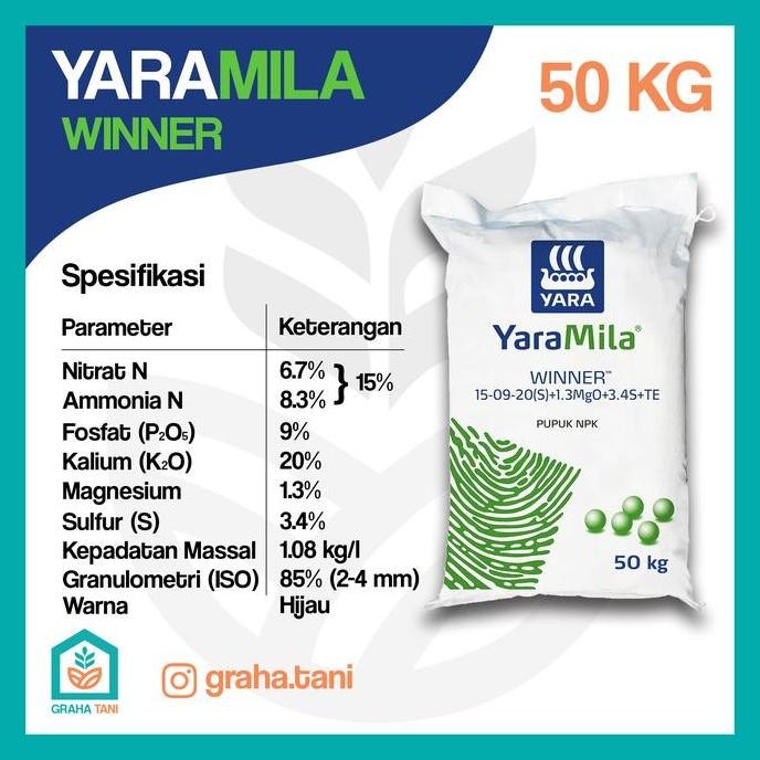 

Terlaris Pupuk Npk Yaramila Winner 15 09 20 + 2Mgo + 3.8S + Te 50Kg / 50 Kg