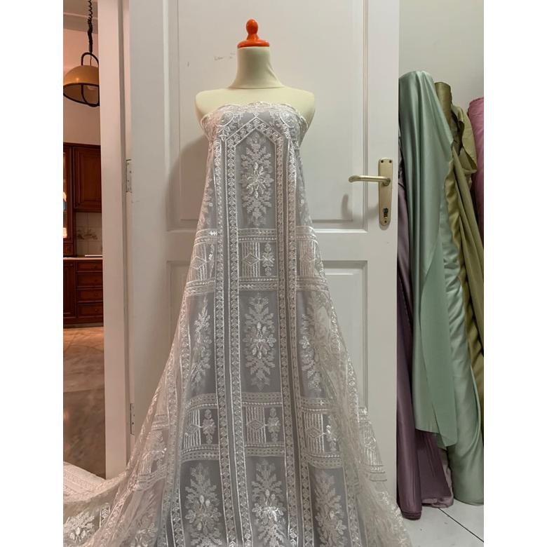 Ready Bahan Kain Brokat Tile Bordir Etnic Athena Warna Broken White Putih