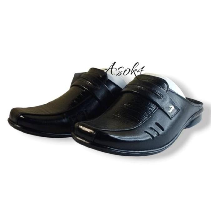 Sepatu Sandal Selop Bustong Kulit Asli wl 84 Hitam Pria Dewasa