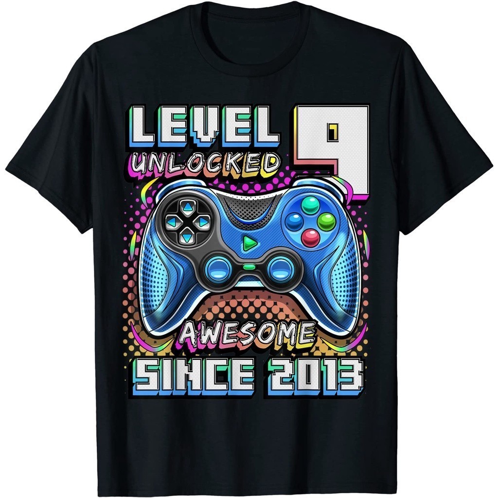 Kaos Level 9 Unlocked Awesome 2013 Video Game 9th Birthday T-Shirt Baju Unisex Vintage 100% Cotton C