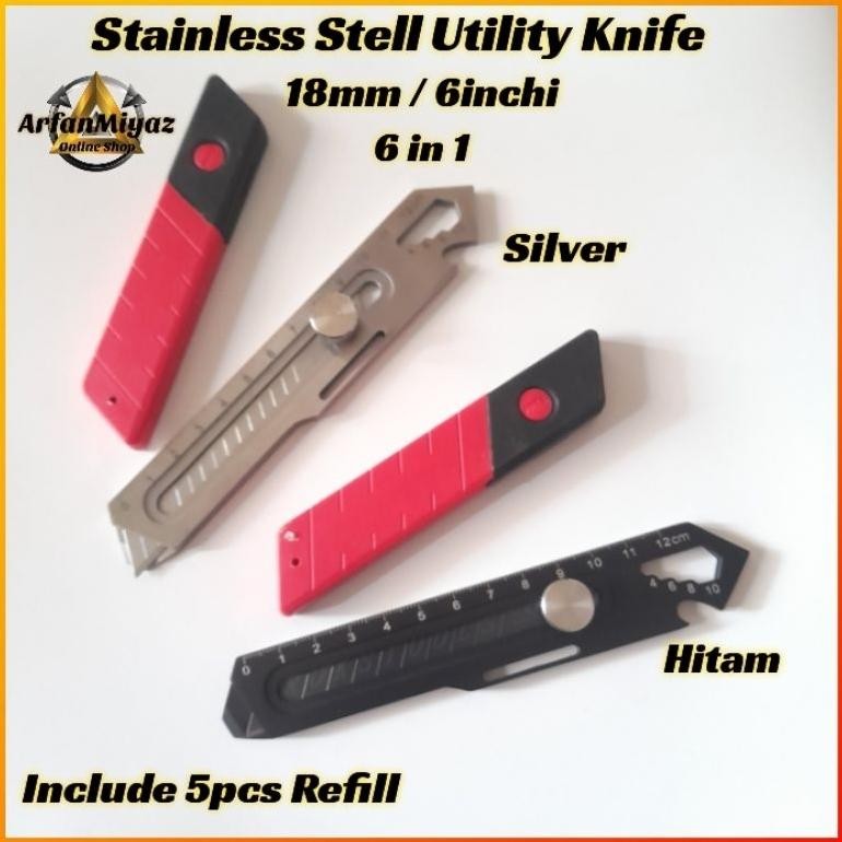 

NEW!!! NEW!!! Pisau Cutter Plus 5pcs Refill 18mm 6 in 1 multifungsi Baja Cutter Besi Stainless Besar 5 pcs Set Pisau Cutter Pemotong Kertas