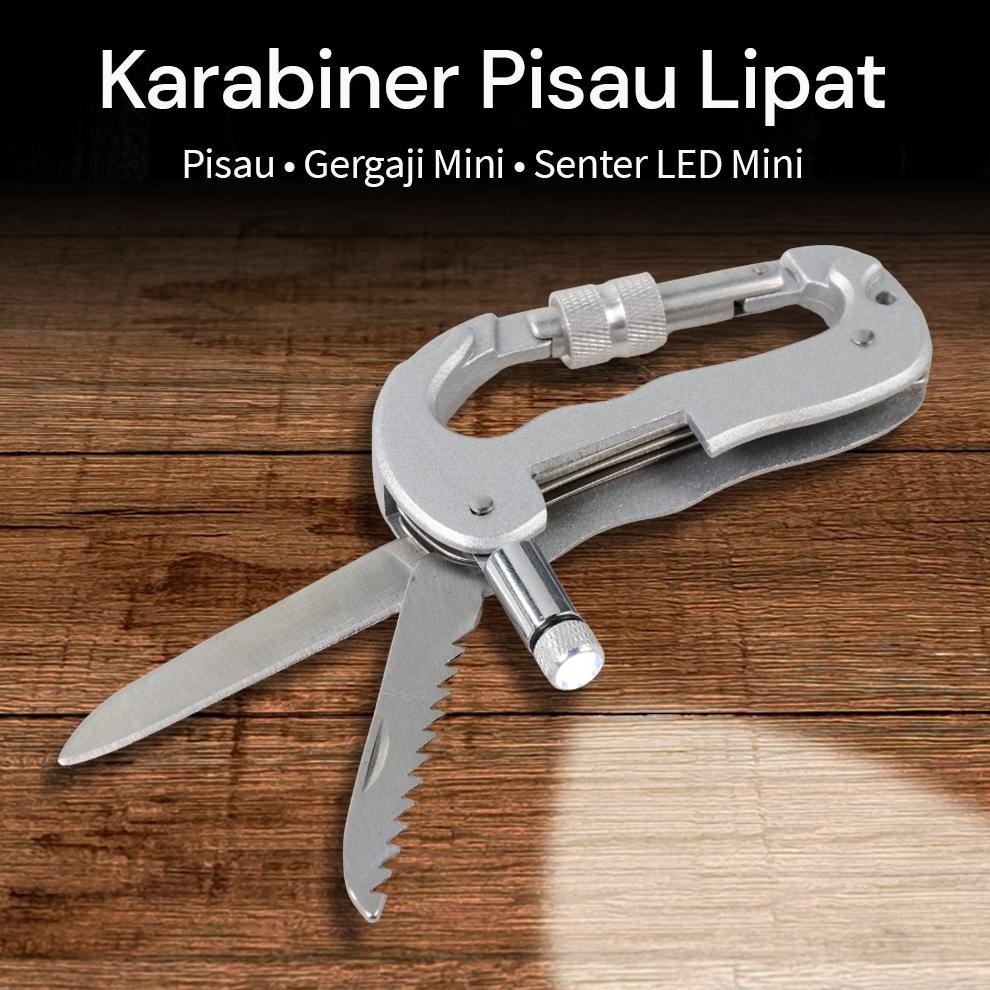 Karabiner Multifungsi 3in1 Gantungan Kunci Senter LED mini Pisau Carabiner Lipat Survival Tool - MN 