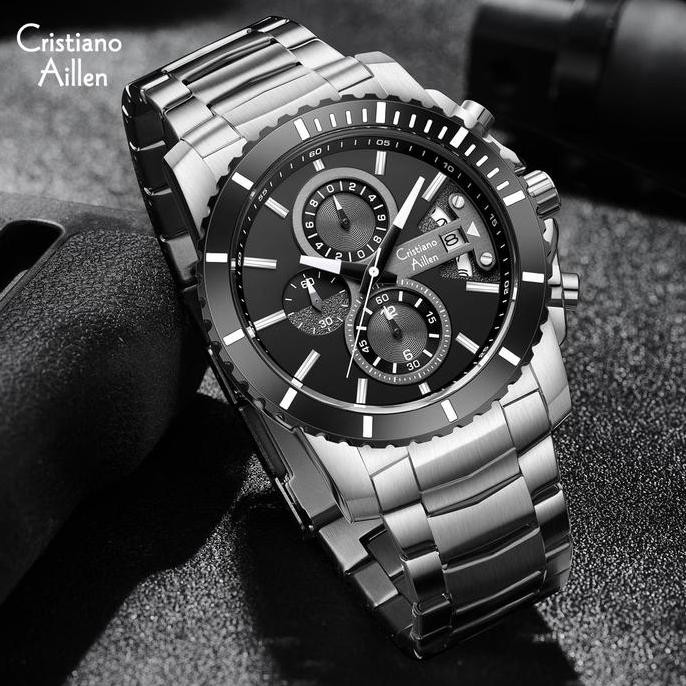 Murah Live   Cristiano Aillen Jam Tangan Pria Analog 8898 Rantai Stainless Steel Chronograph Kaca Sa
