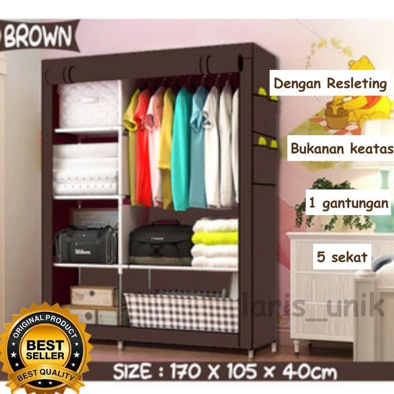 105NT Lemari Kain Baju Rak DenganTutup Reseliting Plastik Portable 2 Sisi Bukaan Keatas Coklat