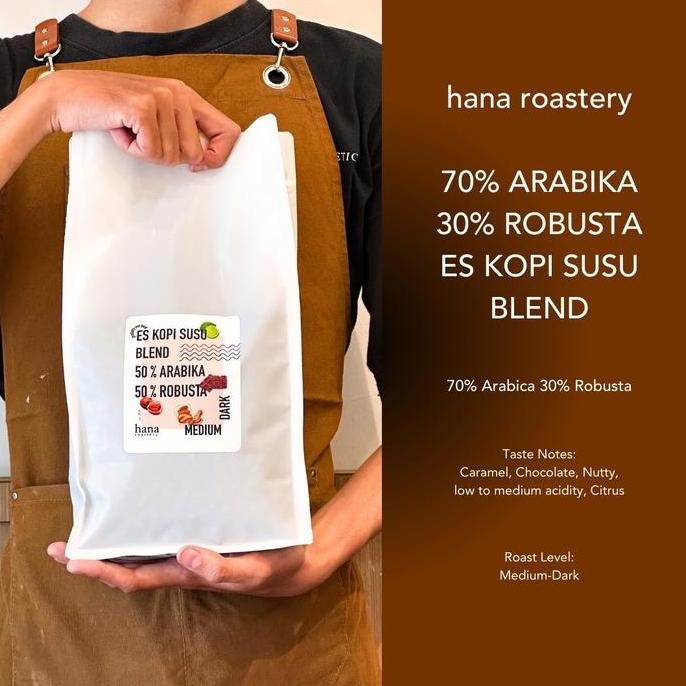 

BLEND ES KOPI SUSU - 70/30 ARABIKA ROBUSTA - 200 GRAM - BIJI ESPRESSO ROAST - HANA ROASTERY TERMURAH