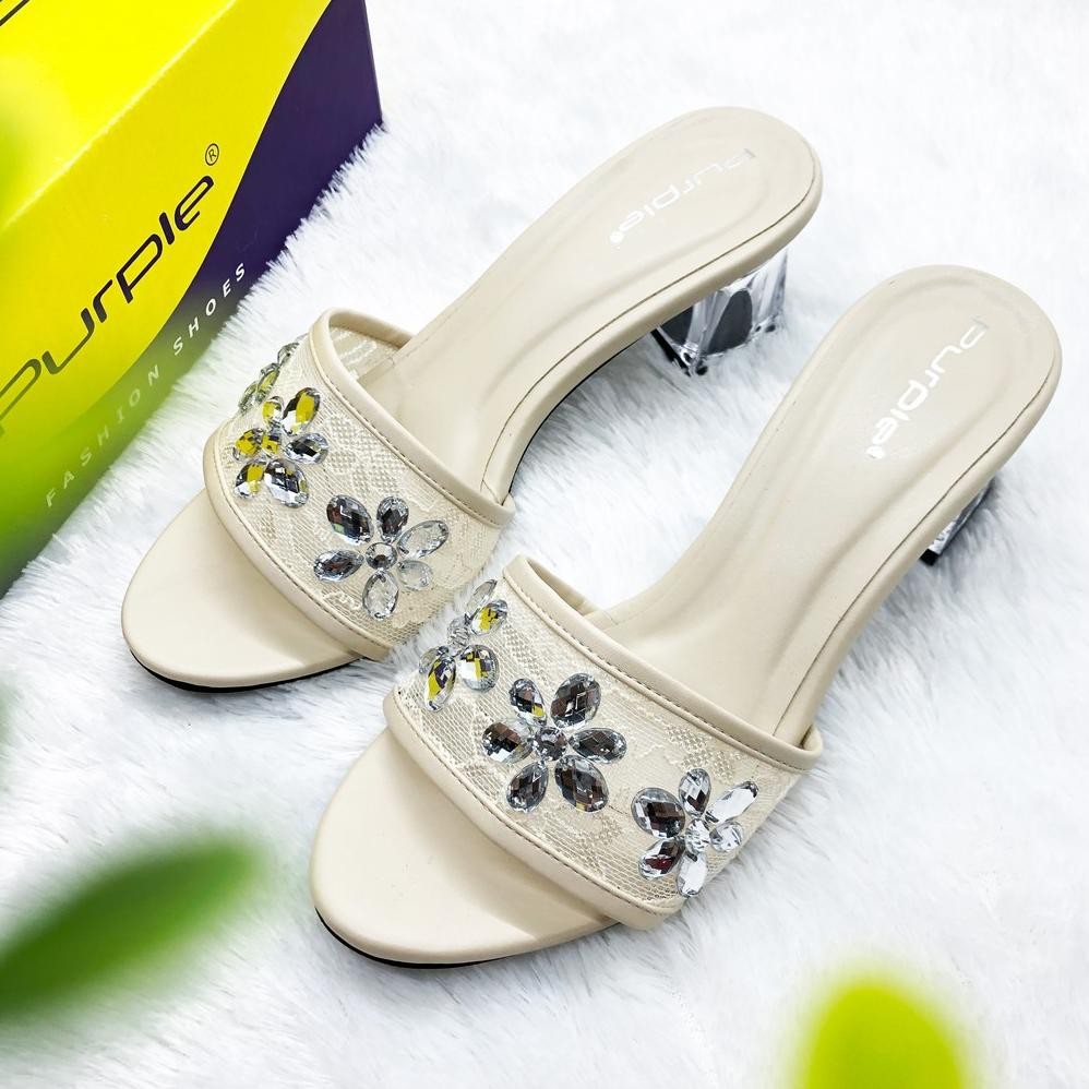 Sendal Heels Kaca Pesta el Payet Bunga Kristal Purple