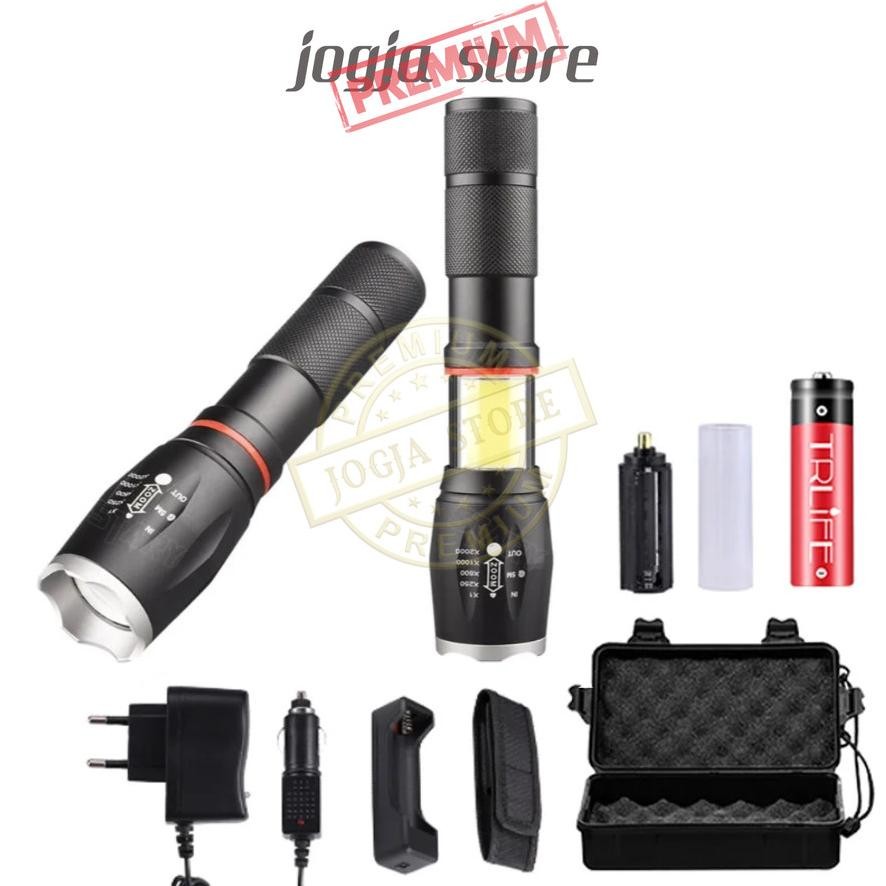 Paket Senter LED TaffLED E17 Tactical XML T6 8000 Lumens COB Tactical Flashlight with Box + Charger 