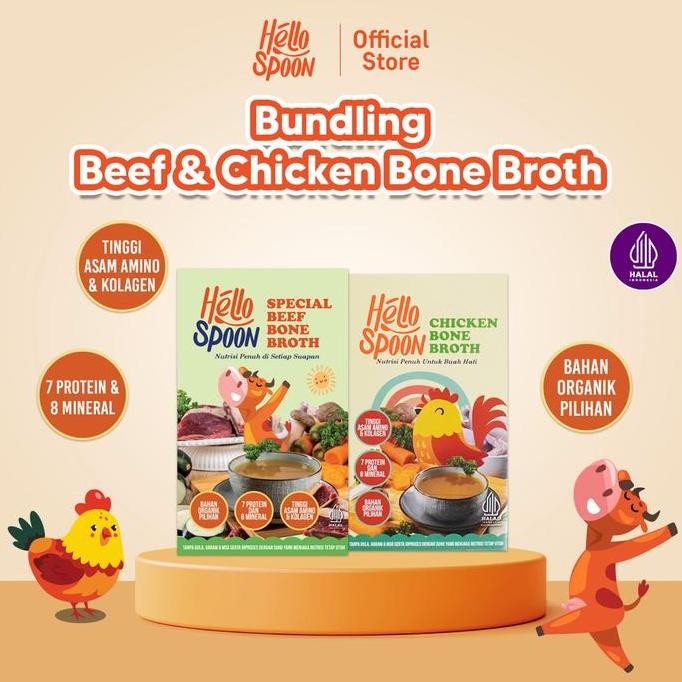 

HIW Hello Spoon - Chicken Bone Broth & Beef Bone Broth FREE Sticker Pack - 600ml - IMMUNE BOOSTER / VITAMIN ANAK , Kaldu Ceker Ayam & Kaldu Tulang Sapi, Alami 100% Non MSG