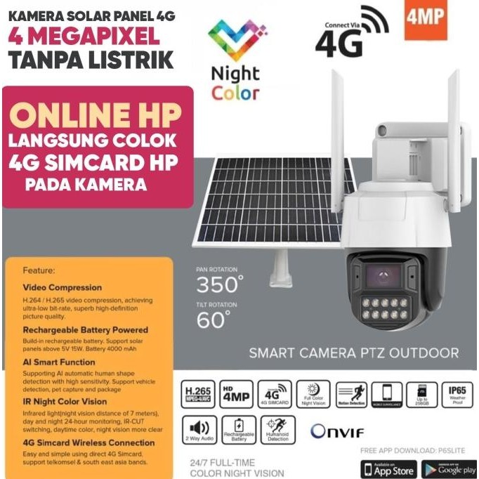 Kamera cctv Smart 4MP Solar PTZ Kartu 4G Simcard GSM Tanpa listrik