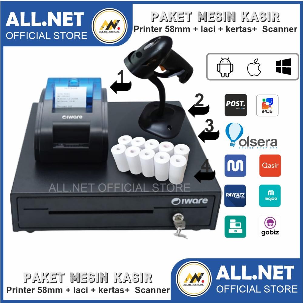 NEW Paket Mesin Kasir Android Bluetooth IWARE JPOS 58MM Free kertas 10 ROLL Cetak Nota Kasir dan Str