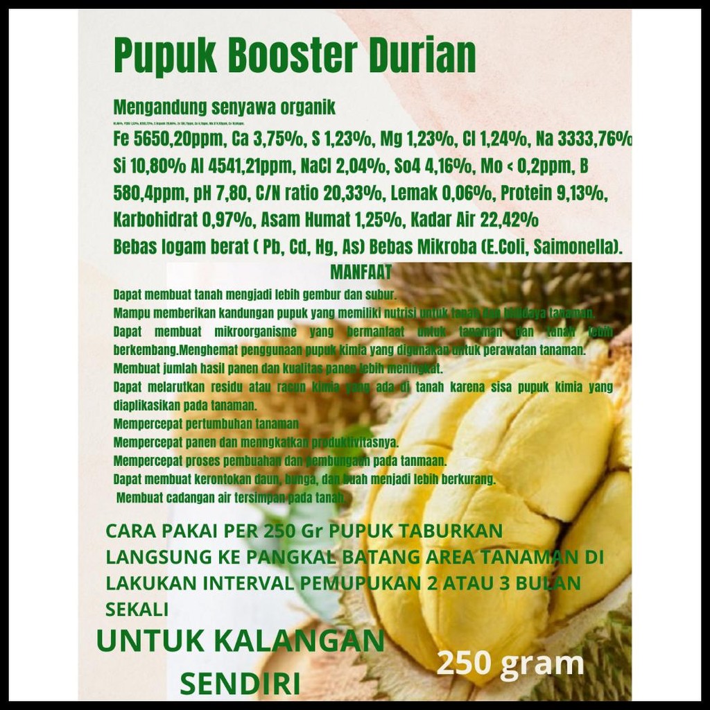 PUPUK BOOSTER DURIAN / PELEBAT BUAH DAN ANTI RONTOK /PUPUK DURIAN AGAR CEPAT BERBUAH/PUPUK BUAH DURI
