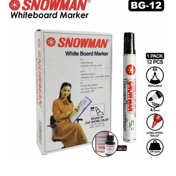 

RB Spidol Whiteboard Papan Tulis Snowman BG-12 Marker WARNA HITAM, BIRU ,MERAH isi 12pcs (BISA DIHAPUS)