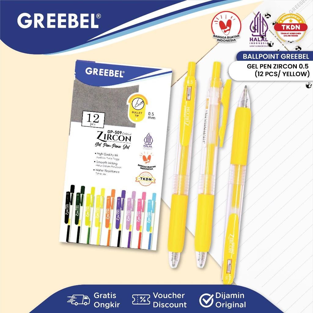 

GREEBEL PULPEN GEL / Gel Pen GP- 509 Zircon 0.5 Kuning (12PCS/SET) / Ballpen Gel Ballpoint Bolpen Bolpoin Pena Gel