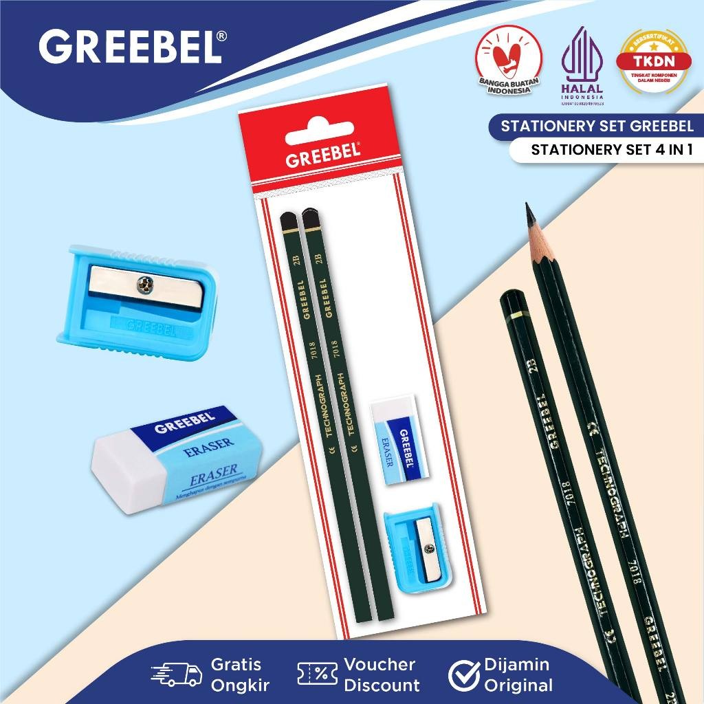 

GREEBEL Pensil Tulis Alat Tulis Anak Sekolah (STATIONERY SET 4 IN 1 / PENSIL 2B ) / Stationery Set Paket Alat Tulis