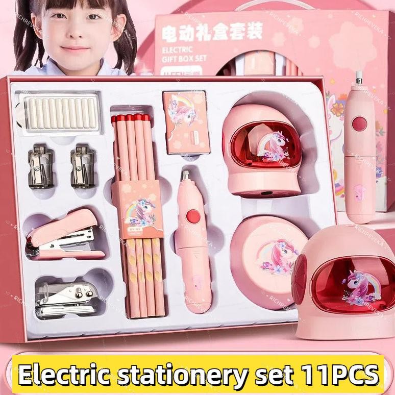 

TERLARIS Electric Stationery Set / Set Alat Tulis /Elektrik Rautan Penghapus Vacuum Pensil 11 In 1 /Anak Alat Perkakas Belajar Anak Perempuan Kado Siap kirim