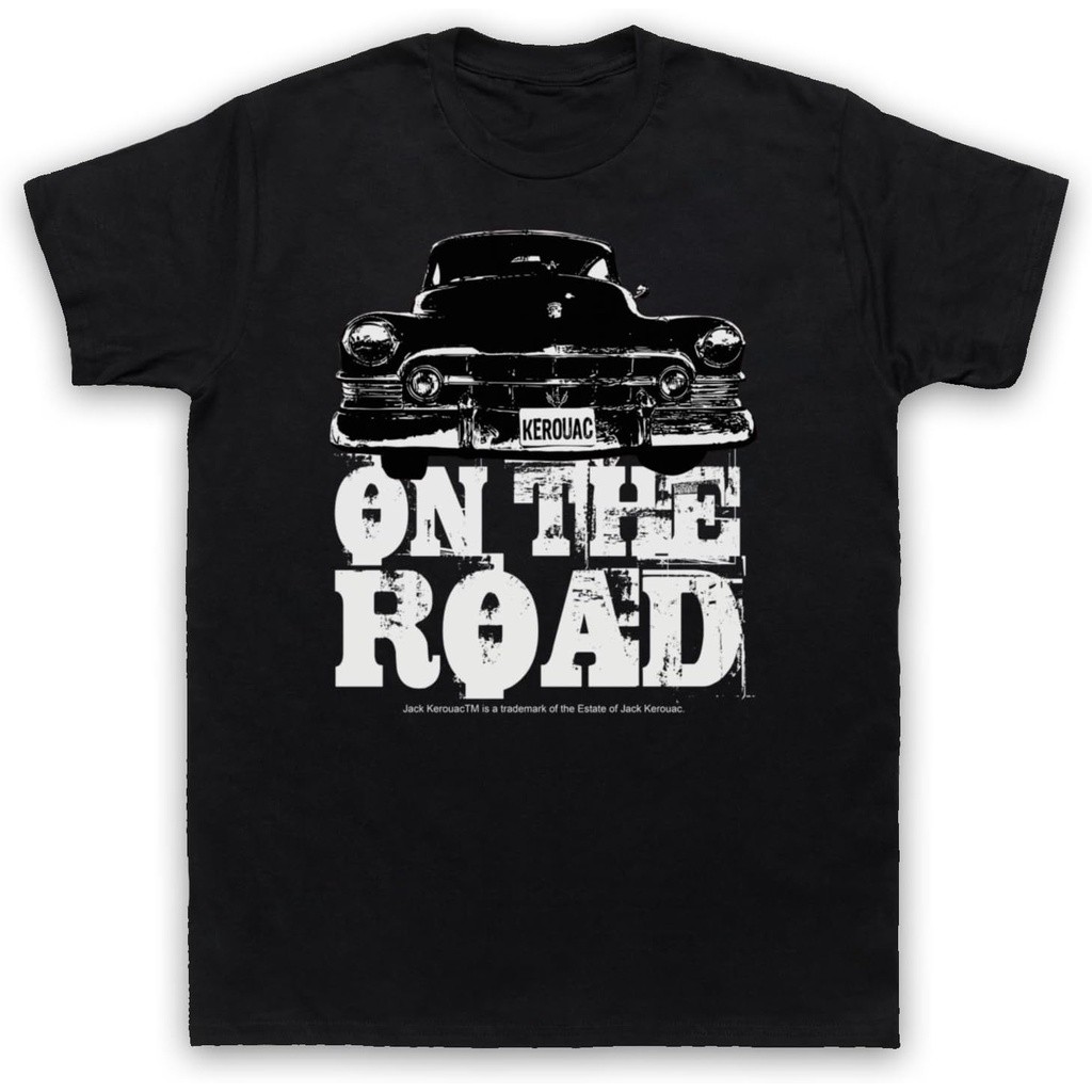 Kaos T Pria dengan Gambar Mobil "On The Road" oleh Jack Kerouac, Hitam, Ukuran Besar
