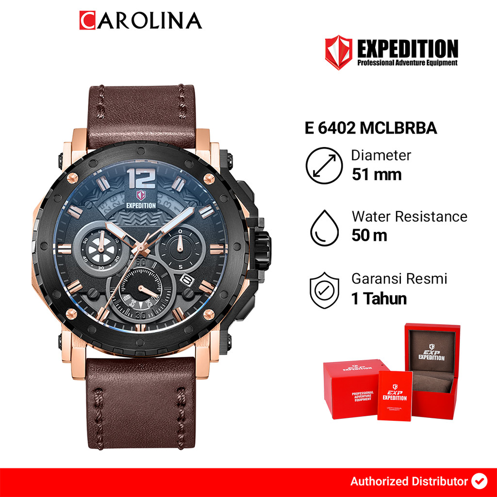 Jam Tangan Pria Expedition Exp Chronograph E 6402 MCLBRBA Black Dial Brown Leather Strap
