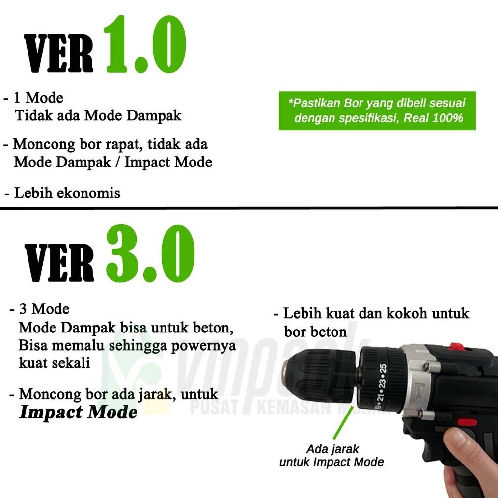 Bor Listrik 1 Set Lengkap 198VF 10mm Reversible/ Bor Listrik Modern Tanpa Kabel Cordless Real 108VF/