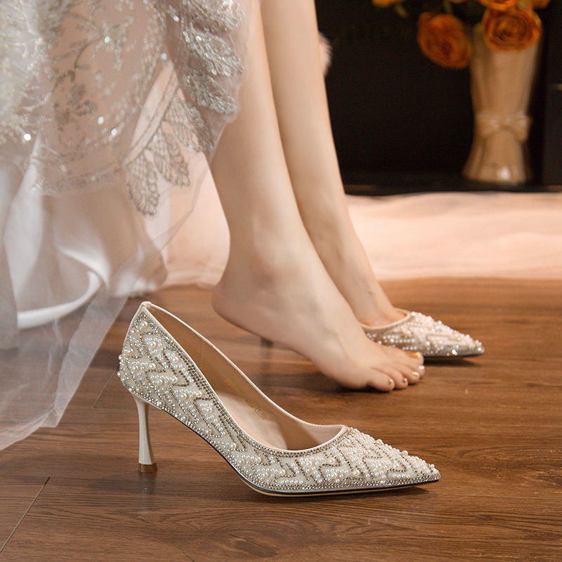 Rhinestone Pearl Xiuhe Wedding Shoes Thin Heel Bridesmaid Comfortable Single Shoes