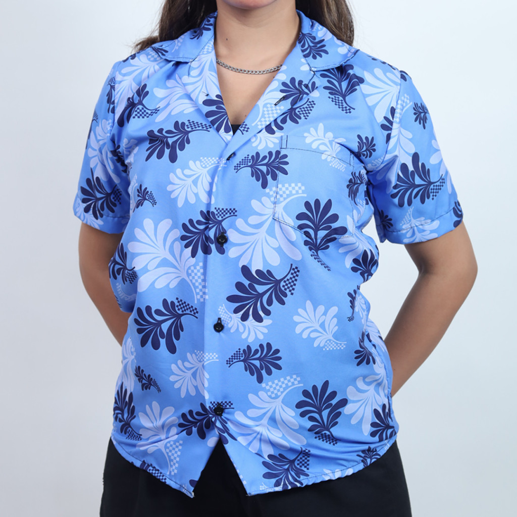 GOKS Baju Kemeja Motif Cowok Cewek Bali Pantai Surfing Hawai Kemeja Jumbo 267 BUNGA BIRU