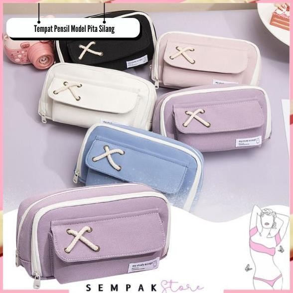 

NEW!!! SS Tempat Pensil Model Pita Silang Kotak Pensil Tali Rami Ritsleting Ganda Bahan Kanvas Pouch Tempat Alat Tulis Perlengkapan Sekolah Kantor Dua Sisi Resleting