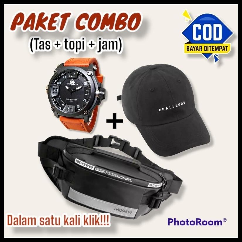PAKET COMBO - TAS SELEMPANG PRIA GRATIS JAM DAN TOPI BASEBALL/TAS FREE TOPI/TAS FREE JAM/TOPI PRIA /