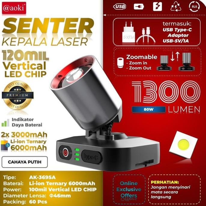 SENTER KEPALA LED LASER AOKI AK-3695A 80WATT 1300 LUMEN 6000MAH - ZOOM OUT JARAK JAUH - TAHAN LAMA D