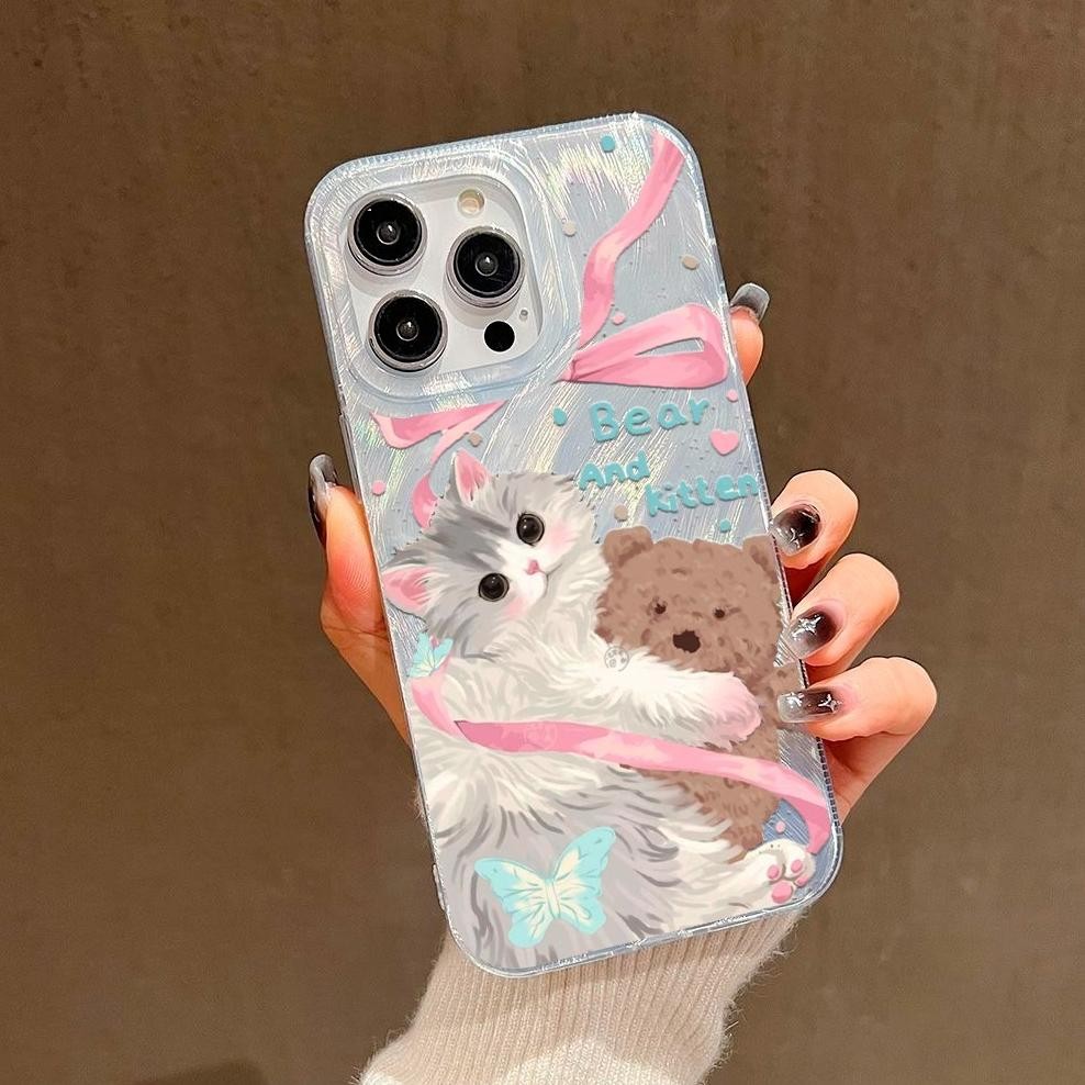 Hj-64 Evy-510 Ss1128 Case For Iphone 7G 8G 7+ 8+ X Xs Xr 11 12 13 14 15 I6 Pro Max Bear And Kitten C