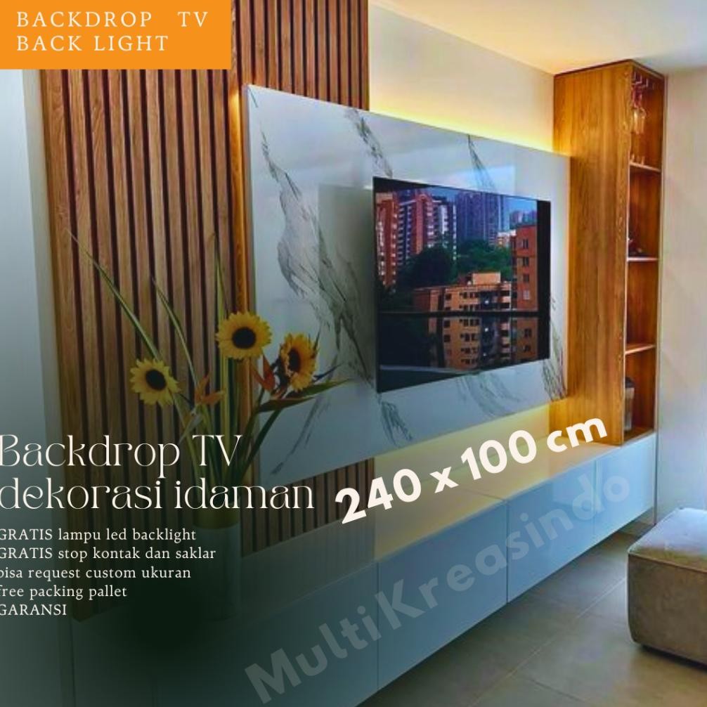 Panel BackdropTV 240 x 100 cm Buat TV 32 - 65 Inch Meja TV Rak TV Minimalis Tempel Dinding KUAT KOKO
