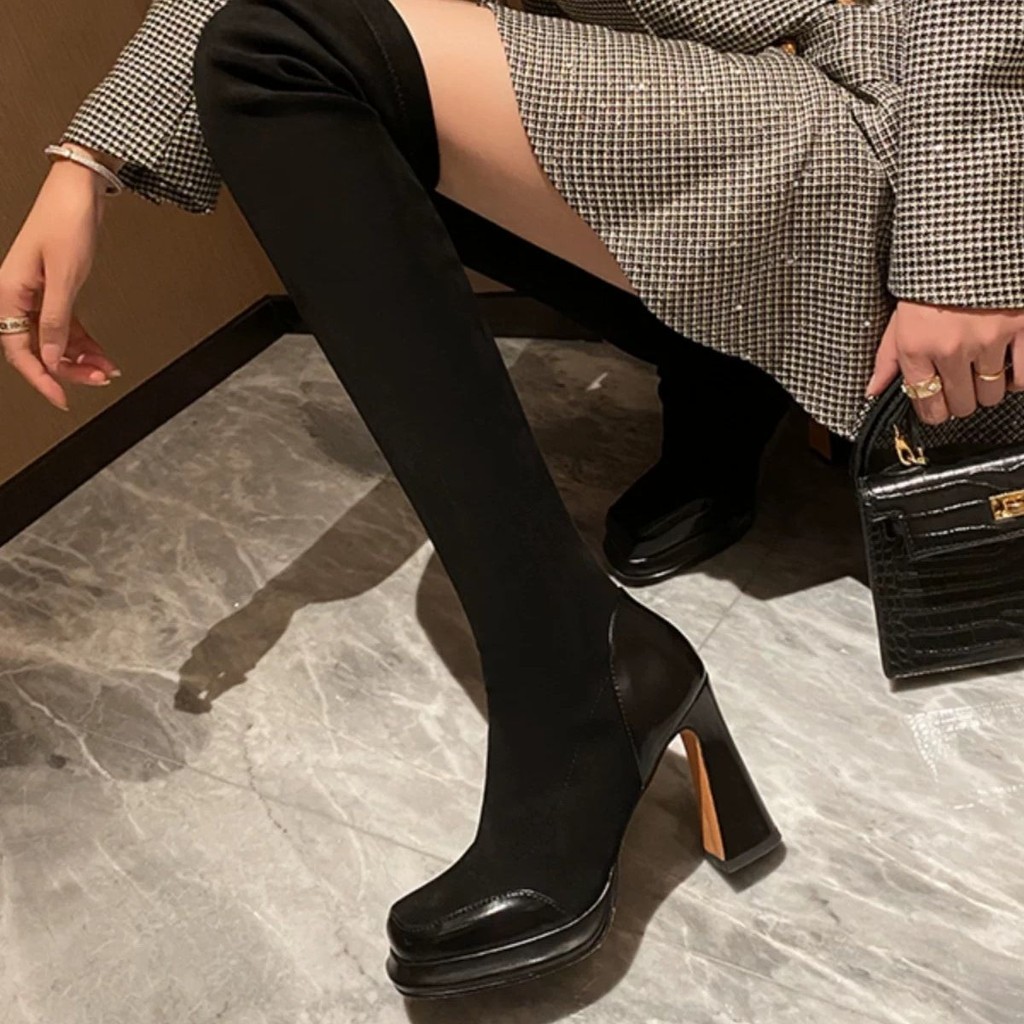 Women's boots, waterproof platform soles, elegant fashion boots, elastic block heel slim fit boots