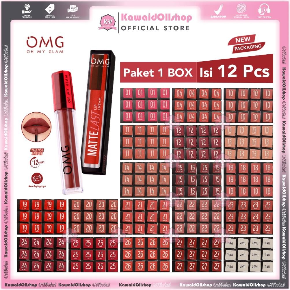 OMG Oh My Glam Mattelast Lip Cream / Lipstick Paket 1 Box Isi 12 Pcs | Transferproof Tahan Lama