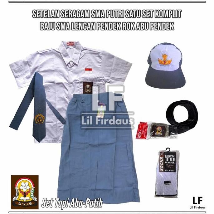 SETELAN SERAGAM SMA PEREMPUAN - BAJU SMA LENGAN PENDEK, ROK ABU PENDEK