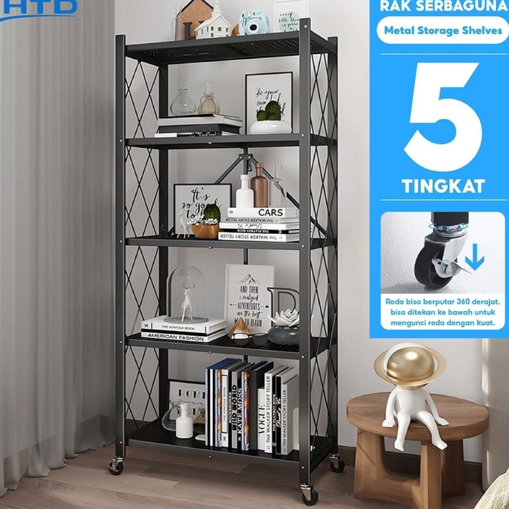 Rak Besi Susun Lipat 5 Tingkat Roda Multifungsi Rak Portable Dapur