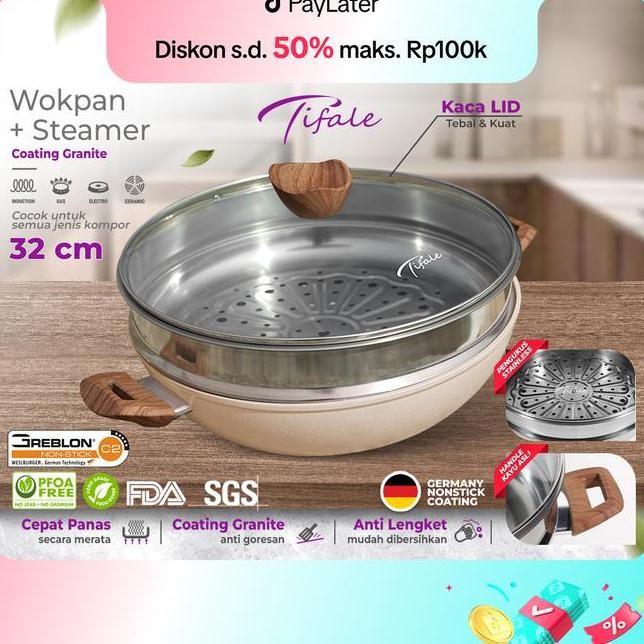 Extra Subsidy Tifale 2In1 Wokpan Diameter 32Cm Glass Lid Granite Steamer Non Sti Alat Masak Wok Deng