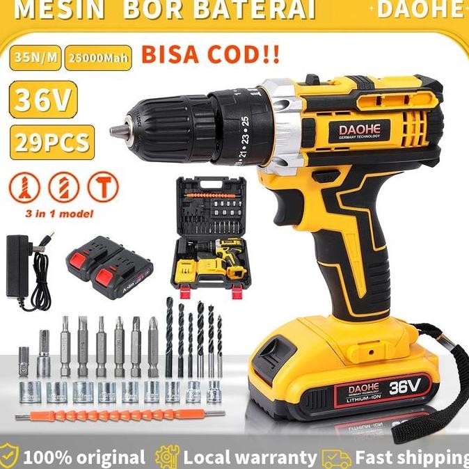 Daohe Mesin Bor Baterai 36Vf 25+3 Cordless Impact Lengkap 2 Baterai Fullset Koper 35Nm 10Mm Chuck 10