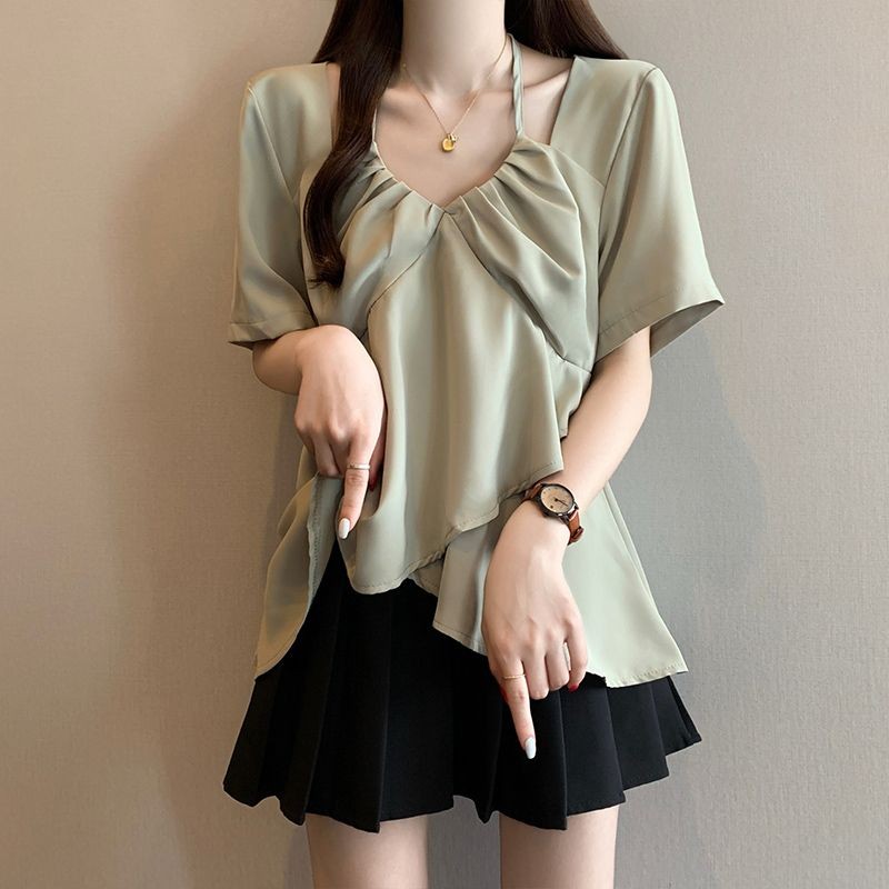 Halter Neck Off-Shoulder Chiffon Short Sleeve Irregular Ruffle Top for Women
