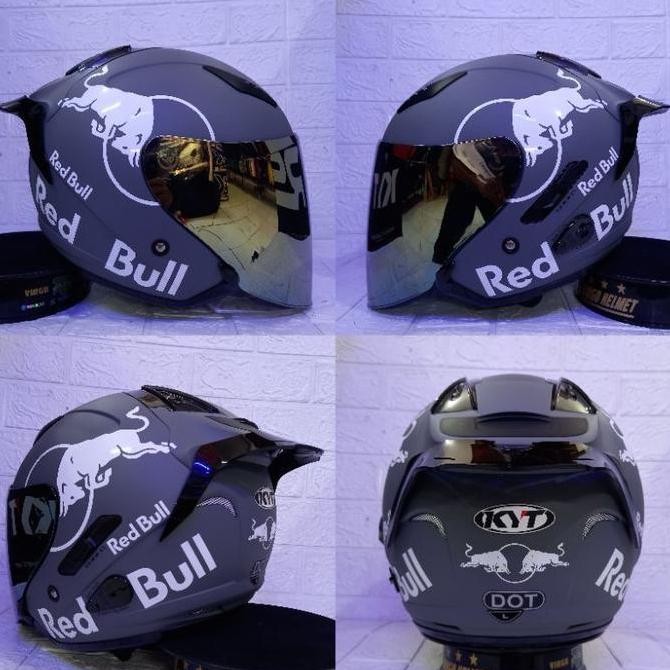 Helm KYT Galaxy Flat R Solid Gorilla Grey Paket Ganteng Red Bull Kualitas Original
