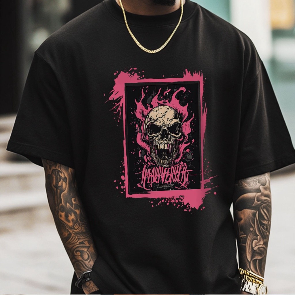 TenangMurah Kaos Oversize Wanita Baju ︱kaos lucu wanita︱Skull Berapi dalam Warna Merah Jambu