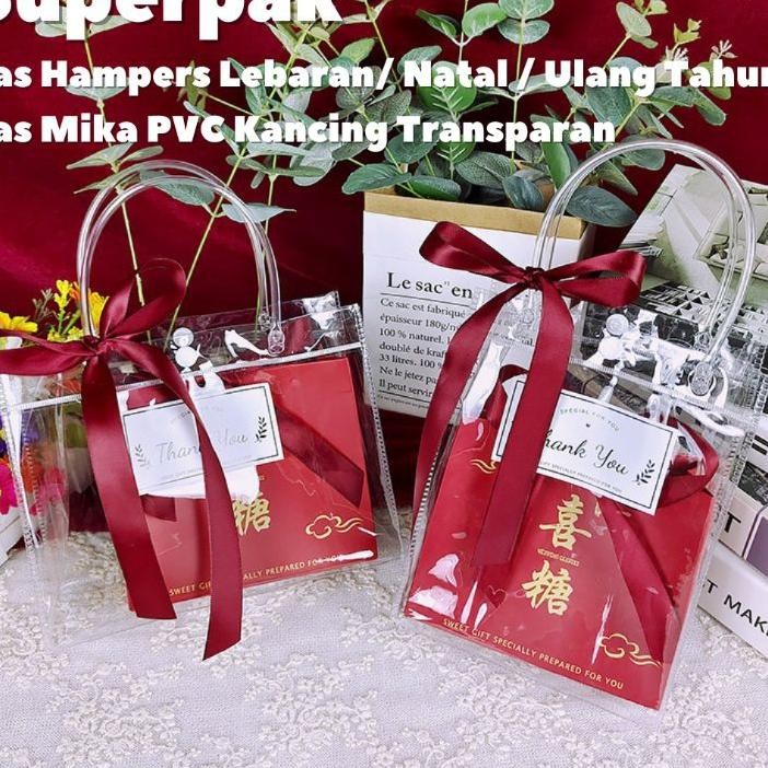 

10Pcs Tas Souvenir Hampers Goodie Bag Ulang Tahun Lebaran Imlek Natal Tas Mika Pvc Kancing Transparan Bening
