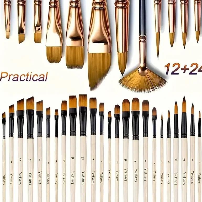 

36Pcs Premium Artist Paint Brush Set - Versatile Nylon Bristle Brushes For Acrylic, Oil & Watercolor - Includes Round, Filbert,