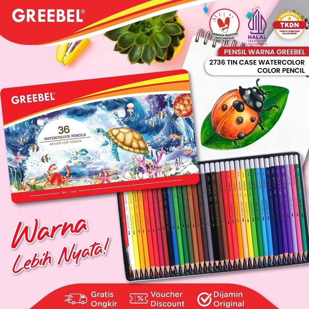 

LINDU GREEBEL Pensil Warna / Colored Pencil / Watercolor Tin Case 36 (2736) / Warna Lebih Nyata