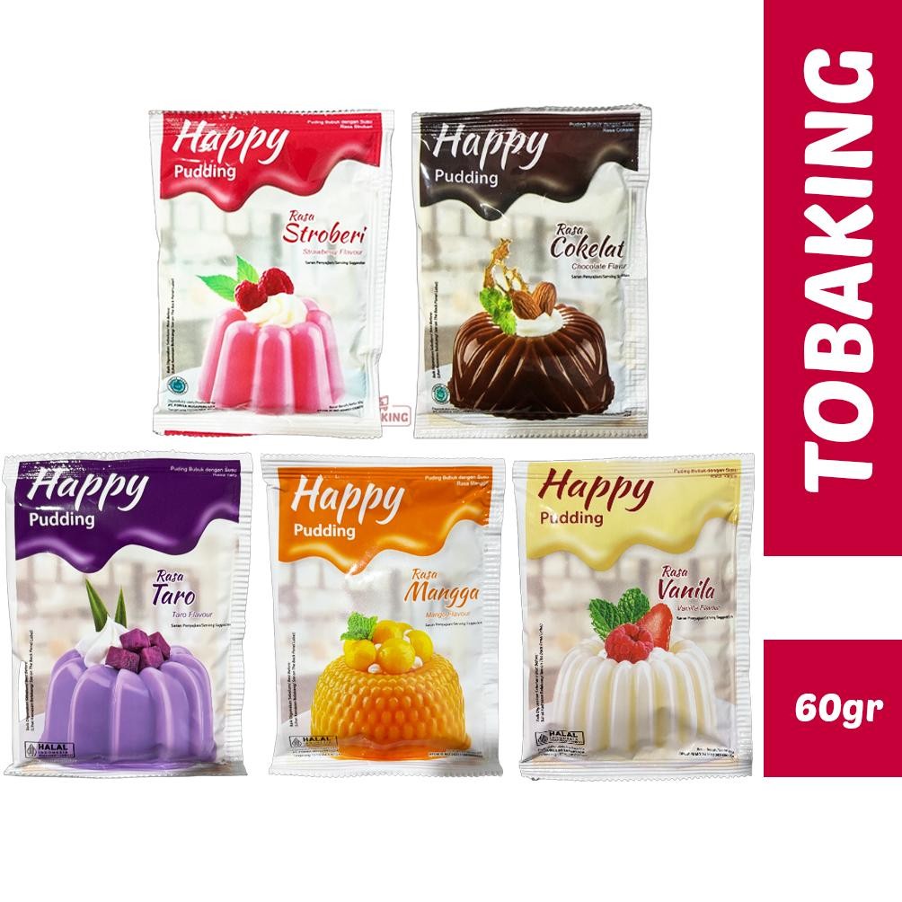 

Happy Puding Stroberi Cokelat Vanila Taro Mangga 60gr Pudding Bubuk Susu