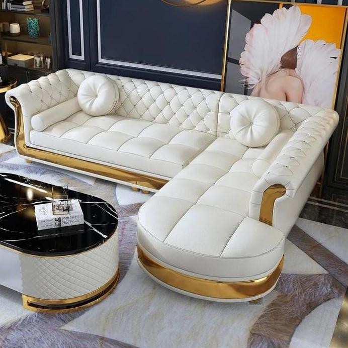 Terlaris Sofa Letter L Kulit Putih Sofa Jati Super Mewah Elegant Premium