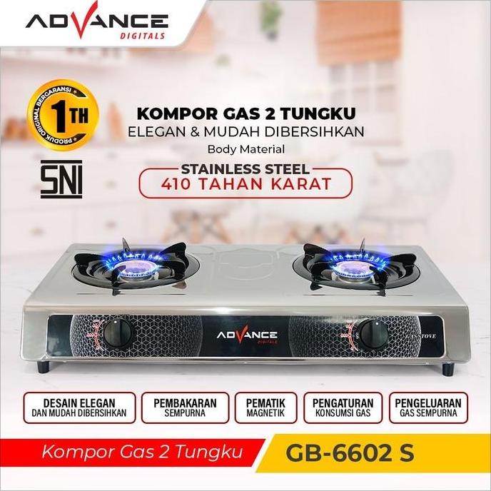 

Terlaris Advance Kompor Gas 2 Tungku /Advance Kompor 2 Tungku/Kompor Gas Stainles / Kompor Gas Api Biru / Kompor Stenlis / Kompor Lpg Stenlis Advance Gb6602S / Gb-6602S / Kompor Gas Mewah Cantik /Anti Karat / Kompor Jumbo/ Tungku Besar/Tahan