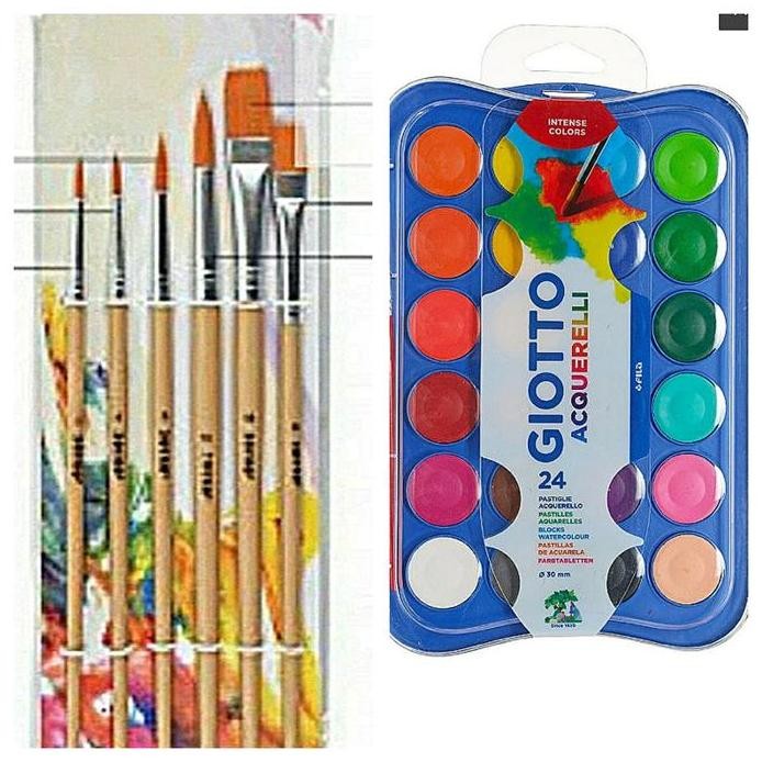 

ready !!! PAKET KOMPLIT CAT AIR UTK ANAK 24 WARNA DAN 6 UKURAN KUAS WATERCOLOR