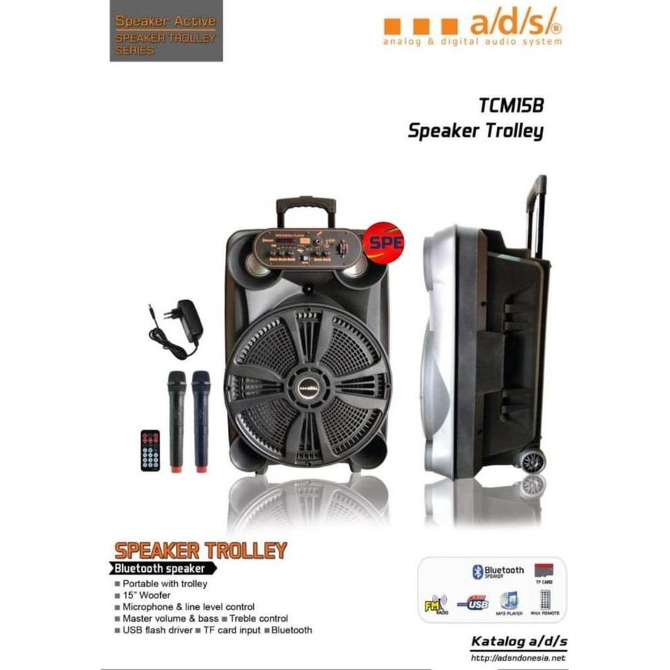 Speaker Portable Ads 15 Inch Tcm-15B 2 Mic Wireless Dan Stand Speaker New Stok