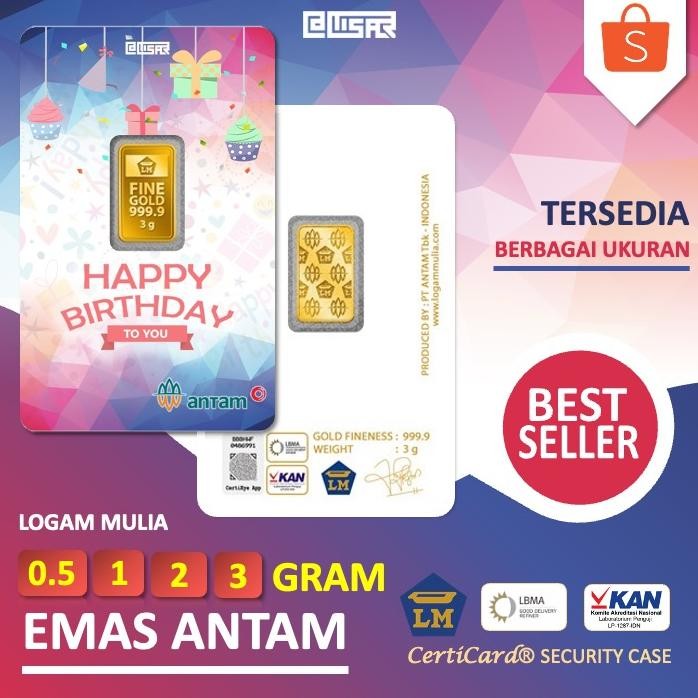 LM Logam Mulia Emas Antam 0.5 gr 1 gr 2 gr 3 gr gram Kado Ulang Tahun Happy Birthday Souvenir Gift H
