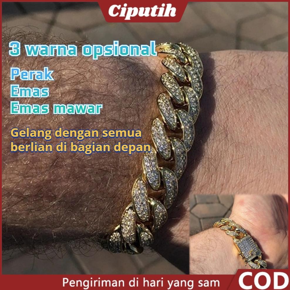12mm Lebar Gelang Berlian Wanita/Pria Bertatahkan Berlian Imitasi Gelang Fashion Mengkilap Mewah Hip